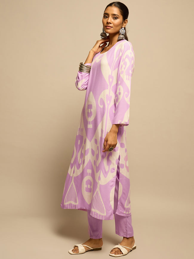 Purple Geometric Motifs Printed Kurta Set for Women - TLS Main Image