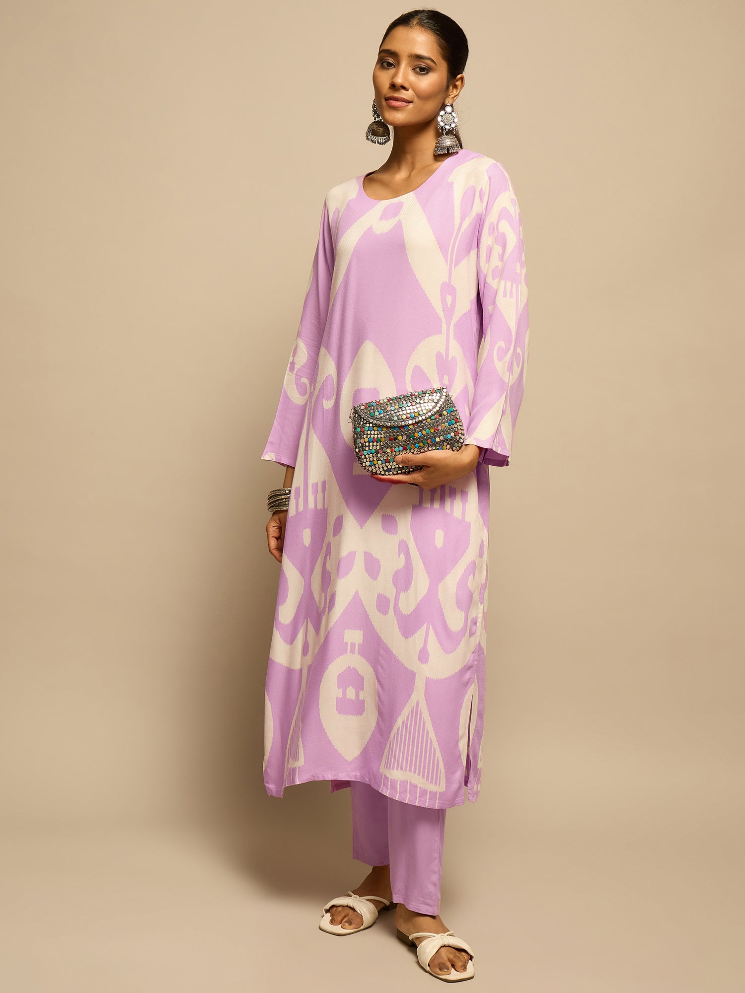 Purple Geometric Motifs Printed Kurta Set for Women - TLS-2