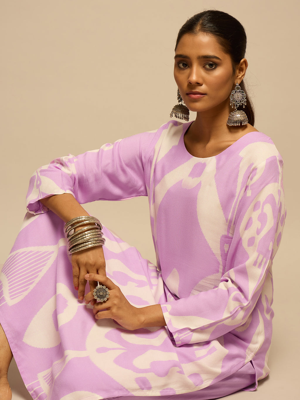 Purple Geometric Motifs Printed Kurta Set for Women - TLS-4