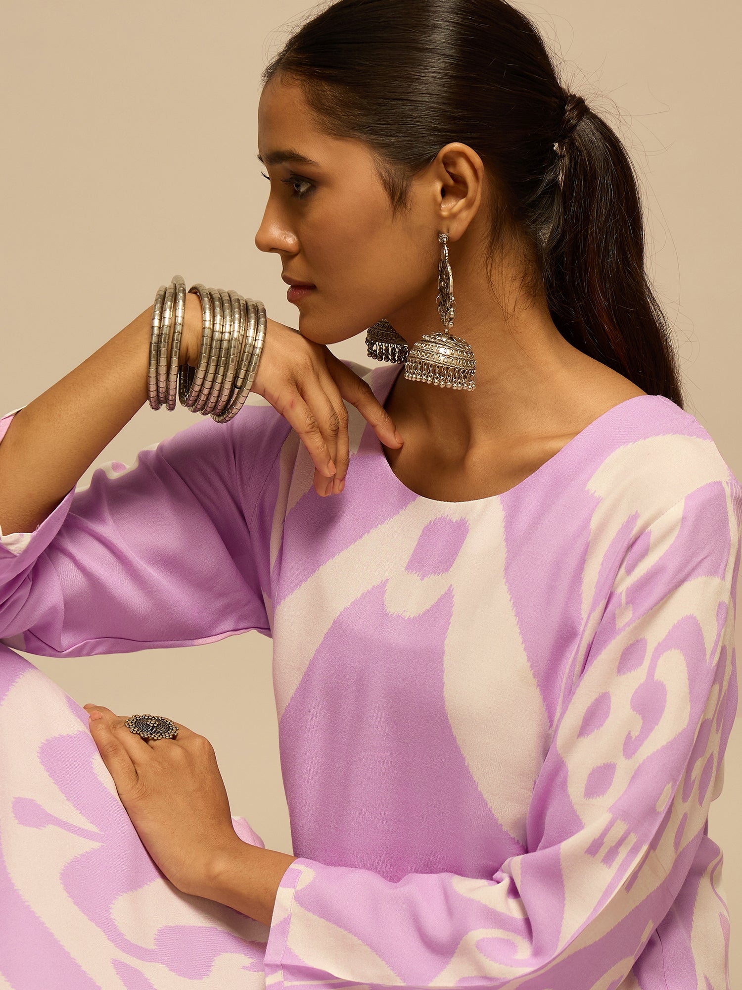 Purple Geometric Motifs Printed Kurta Set for Women - TLS-5