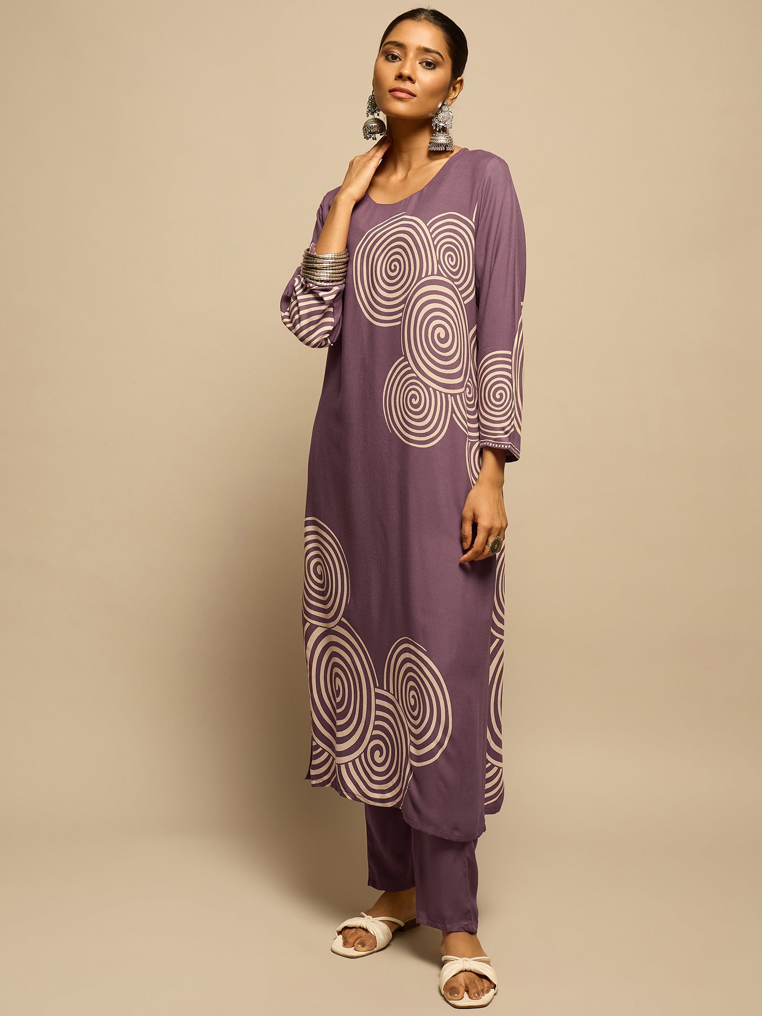 Purple Spiral Printed  Kurta Set for Women - TLS-5