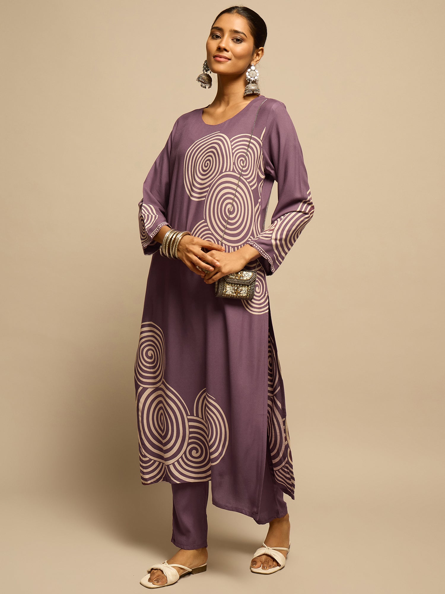 Purple Spiral Printed  Kurta Set for Women - TLS