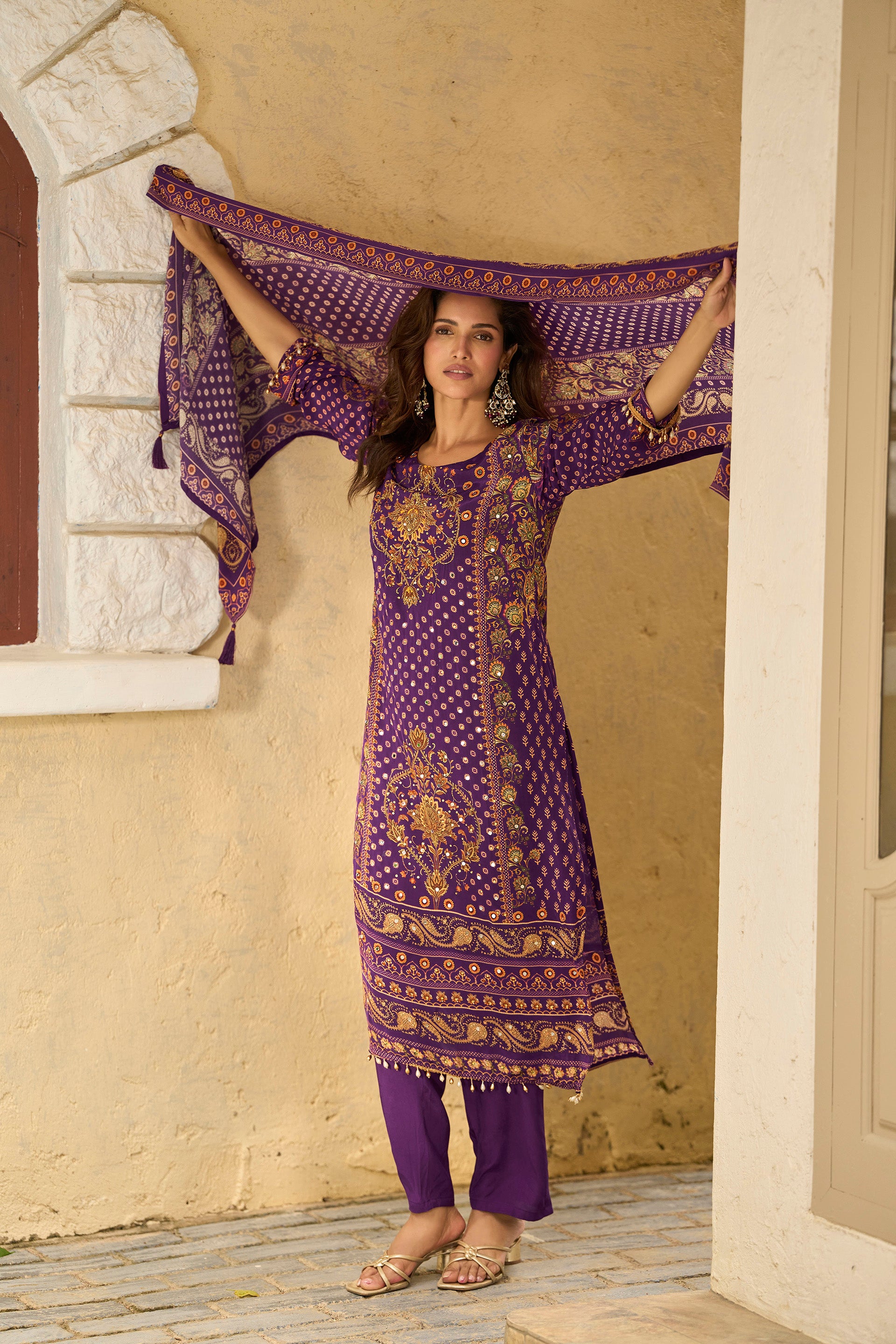 Purple Vibrant Printed Mirror Work Kurta Set for Women - TLS-3