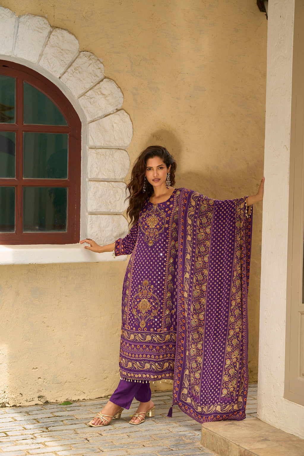 Purple Vibrant Printed Mirror Work Kurta Set for Women - TLS