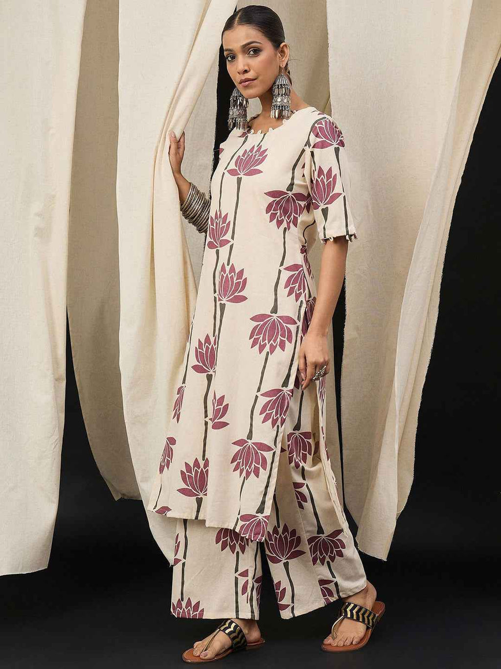 Cream Maroon Lotus Printed Kurta Set – The Layer Stories