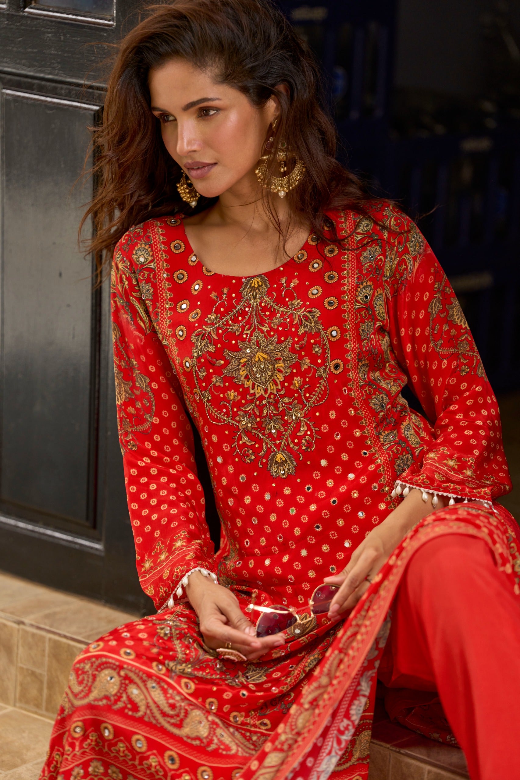 Red Radiant Red Embroidered Kurta Set for Women - TLS-1