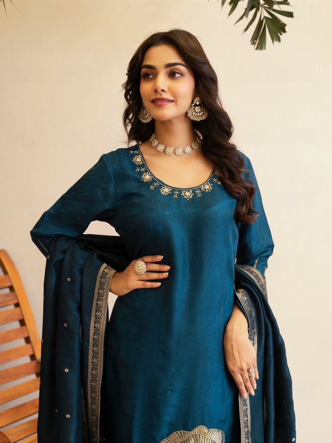 Royal Blue Floral Printed Motifs Kurta Set for Women - TLS Main Image