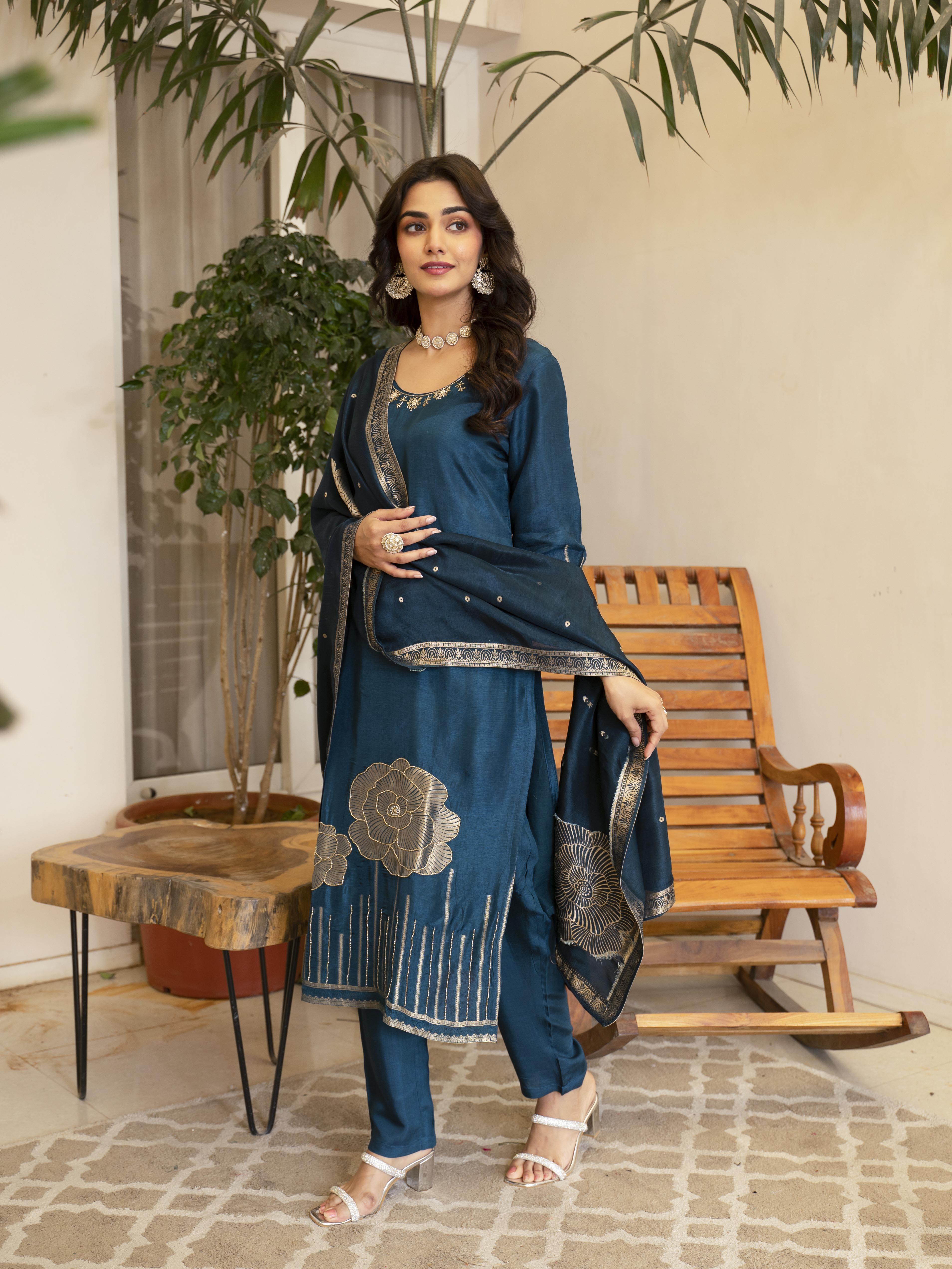 RoyalBlueFloralPrintedMotifsKurtaSetforWomen-TLS