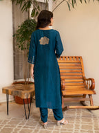 RoyalBlueFloralPrintedMotifsKurtaSetforWomen-TLS