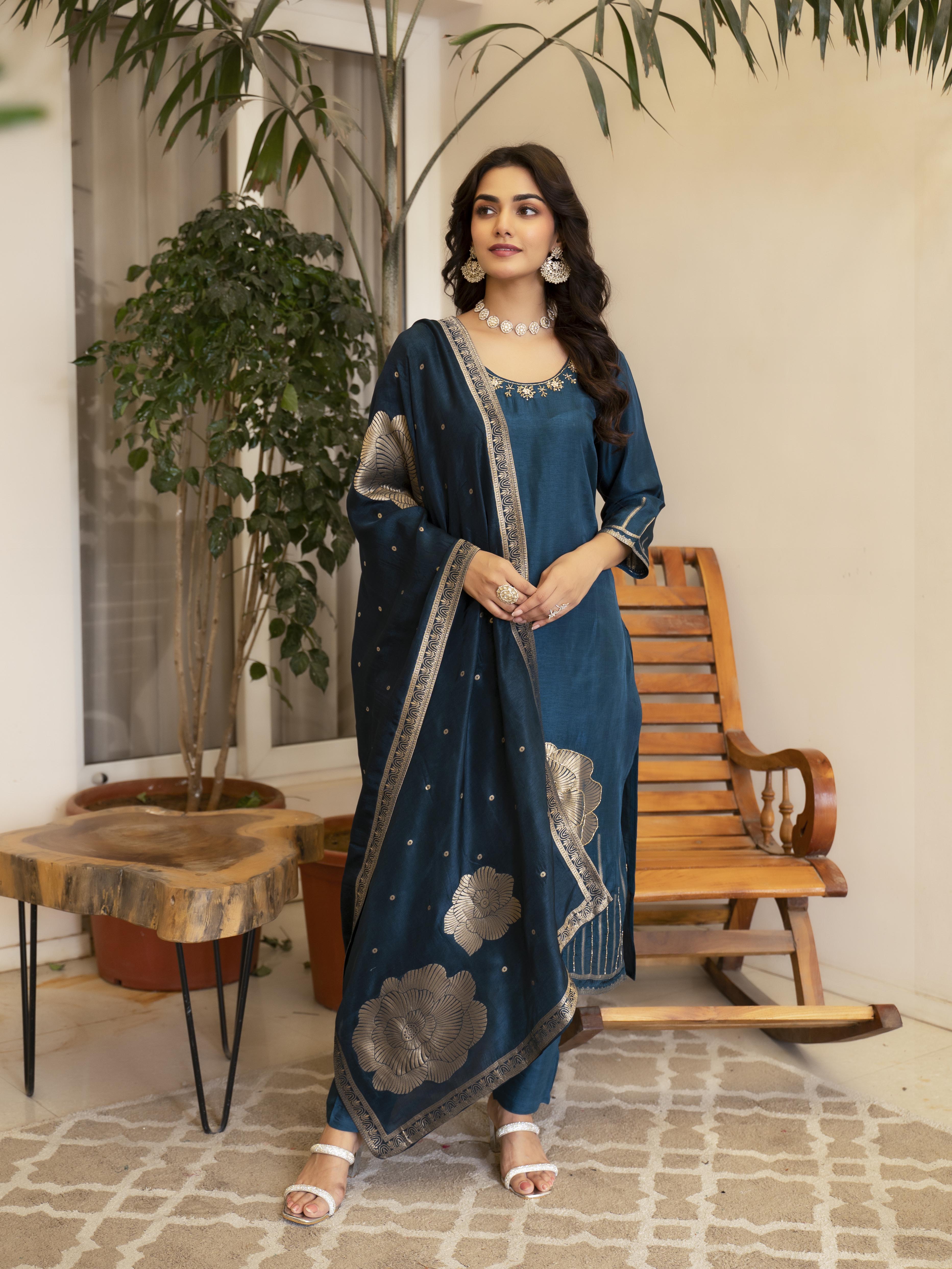 RoyalBlueFloralPrintedMotifsKurtaSetforWomen-TLS