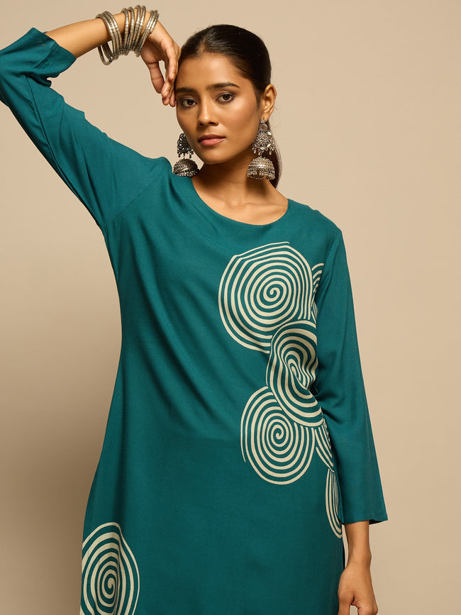 Teal  Spiral Printed  Kurta Set for Women - TLS Main Image
