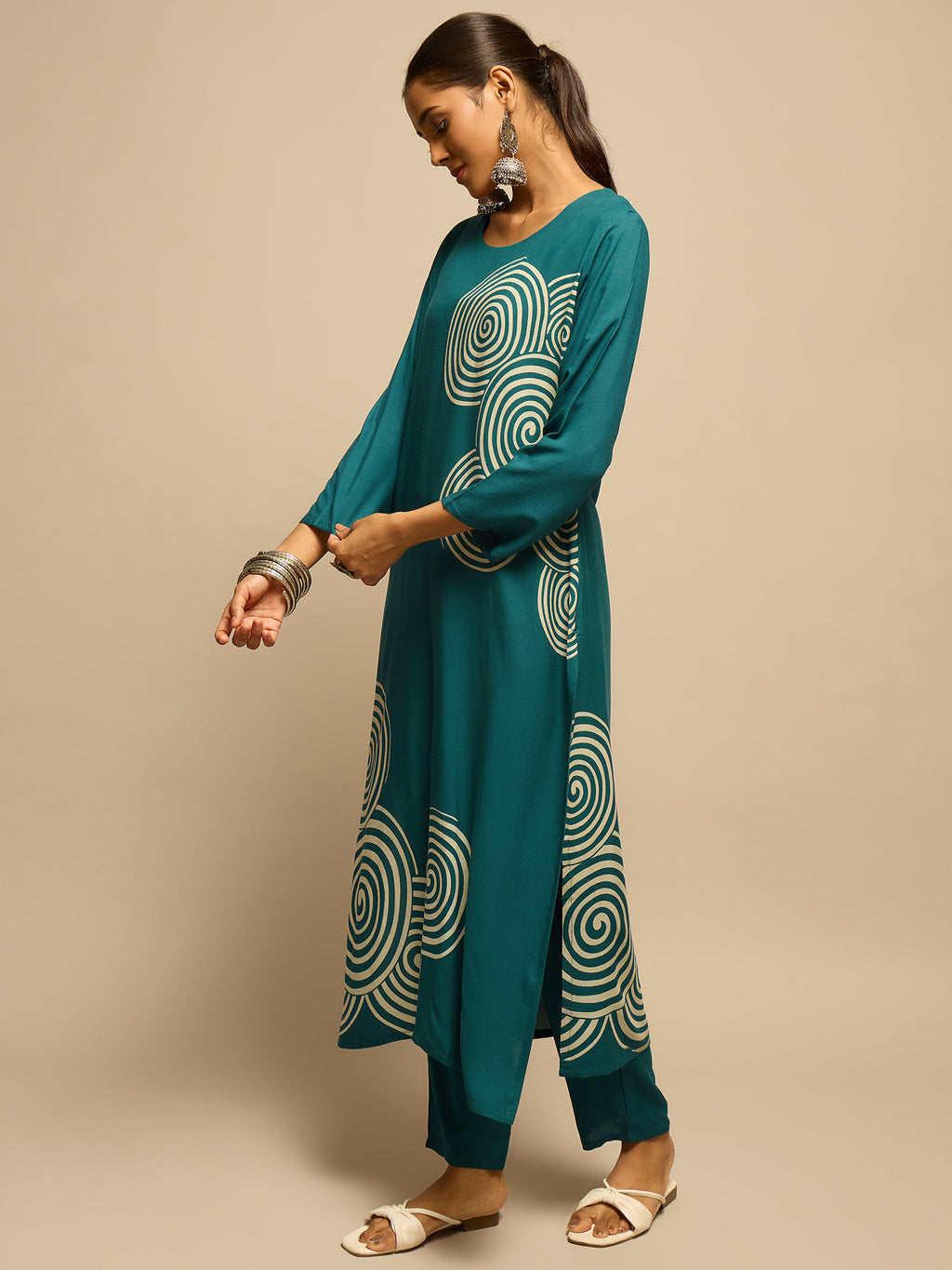 Teal  Spiral Printed  Kurta Set for Women - TLS-4