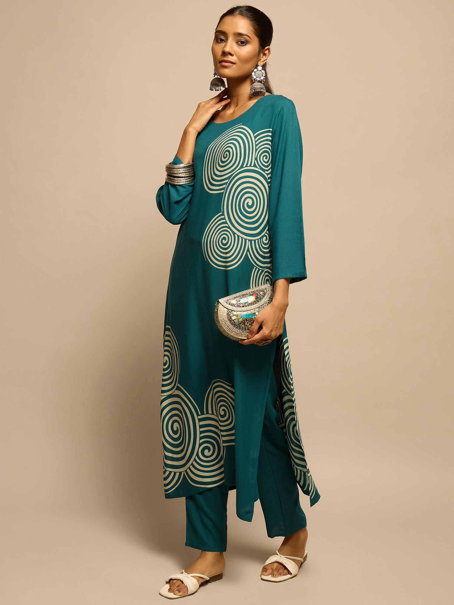 Teal  Spiral Printed  Kurta Set for Women - TLS-5