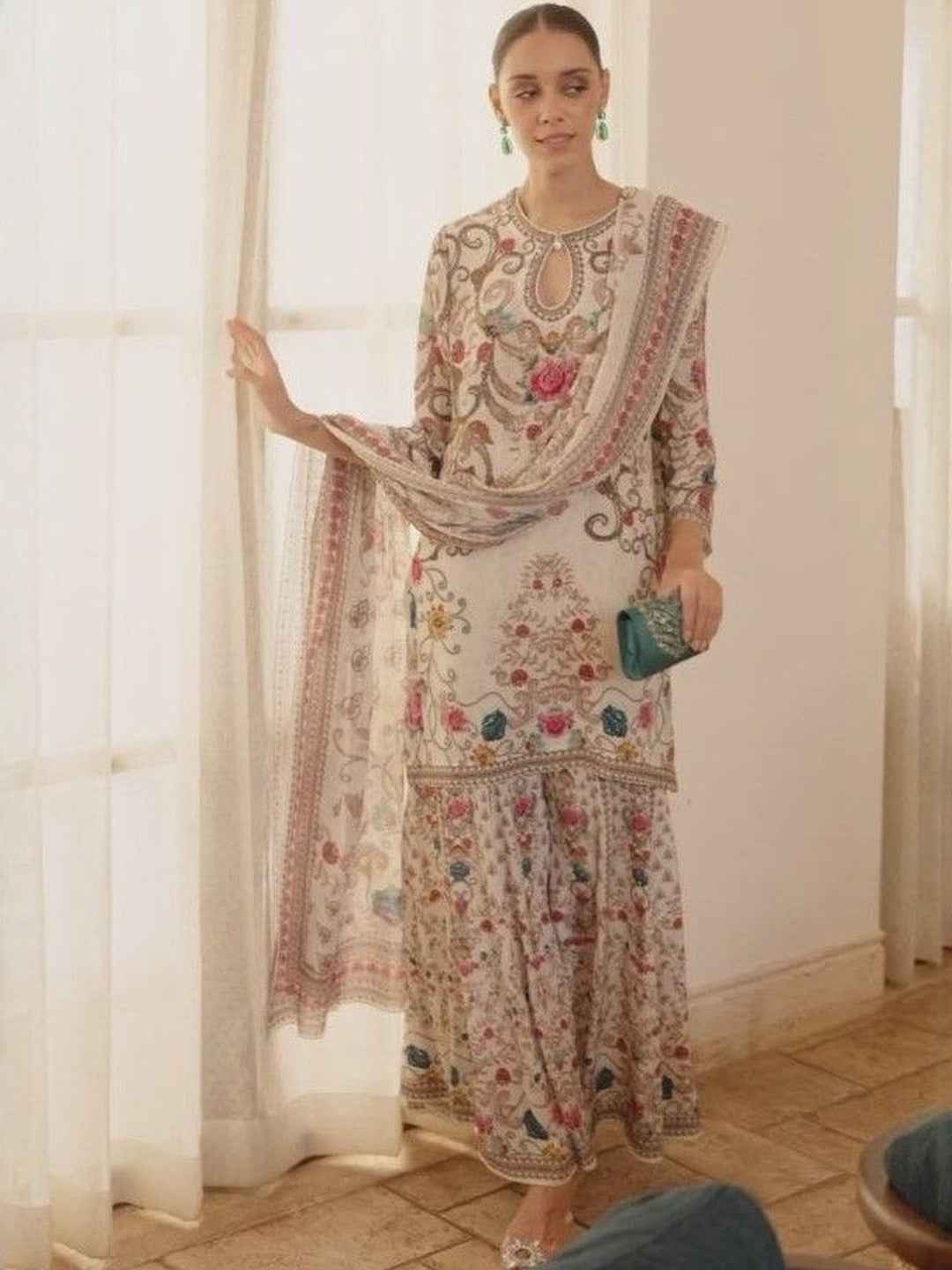 Ivory Floral Embroidered Festive Kurta Sharara Set – The Layer Stories