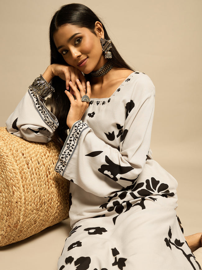 White Floral Printed Motifs Kurta Set for Women - TLS Main Image