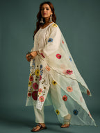 White  Floral Patch Work Kurta Set for Women - TLS-1