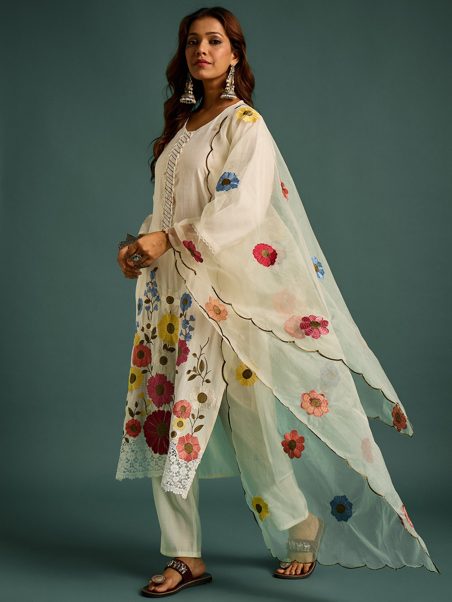 White  Floral Patch Work Kurta Set for Women - TLS-1