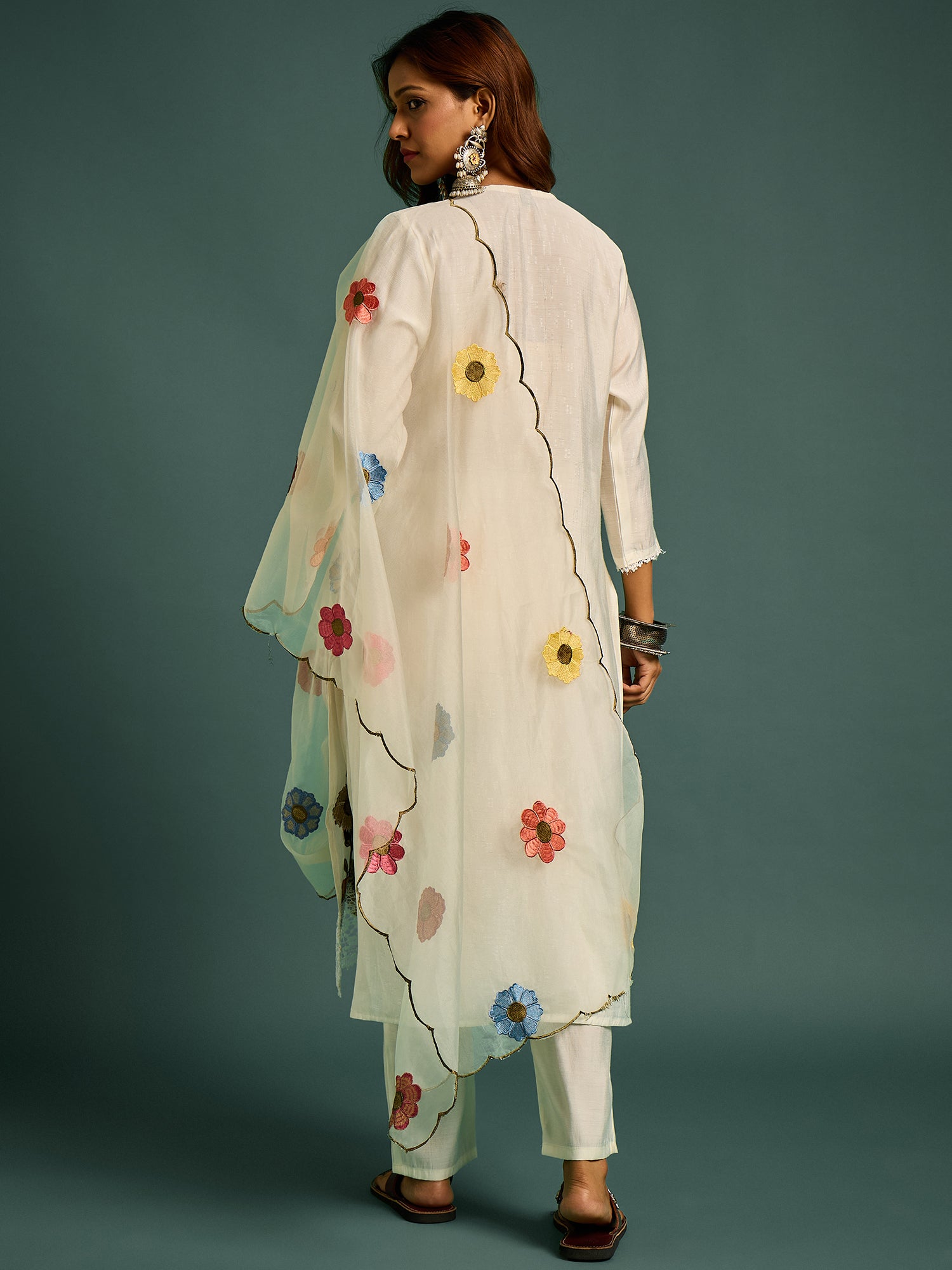 White  Floral Patch Work Kurta Set for Women - TLS-2