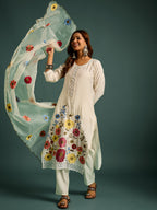 White  Floral Patch Work Kurta Set for Women - TLS-3