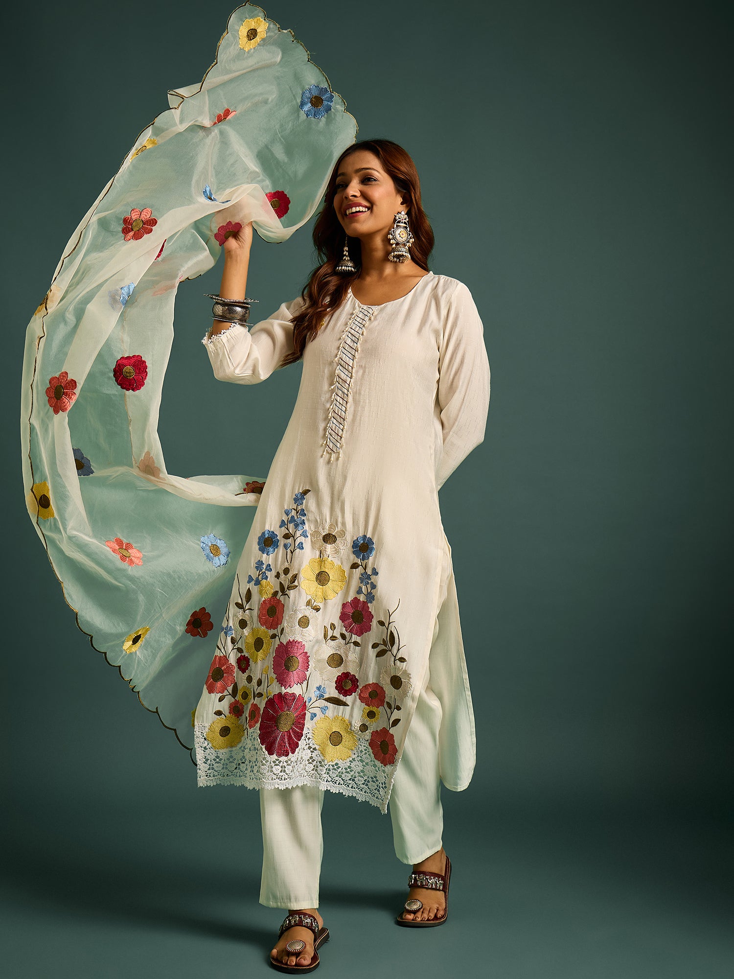White  Floral Patch Work Kurta Set for Women - TLS-3