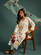 White  Floral Patch Work Kurta Set for Women - TLS-4