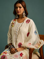 White  Floral Patch Work Kurta Set for Women - TLS-5