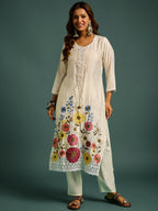 White  Floral Patch Work Kurta Set for Women - TLS-6