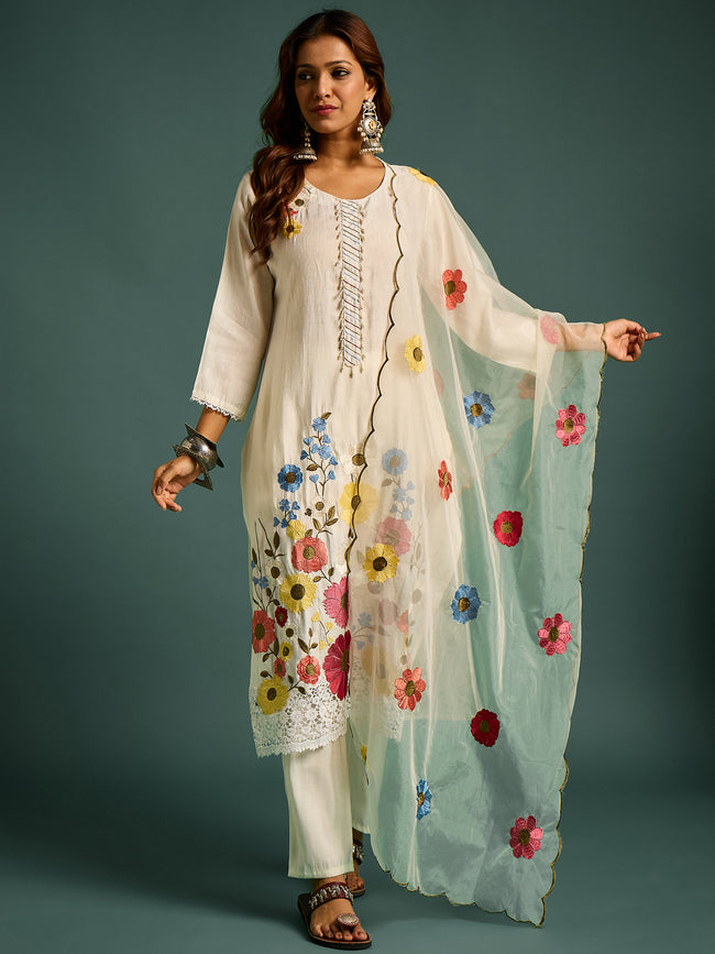 White  Floral Patch Work Kurta Set for Women - TLS Hover Image