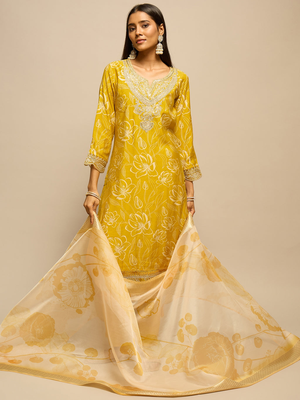 Yellow Floral Print Zari Work Kurta Set for Women - TLS-1