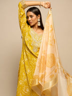 Yellow Floral Print Zari Work Kurta Set for Women - TLS-3