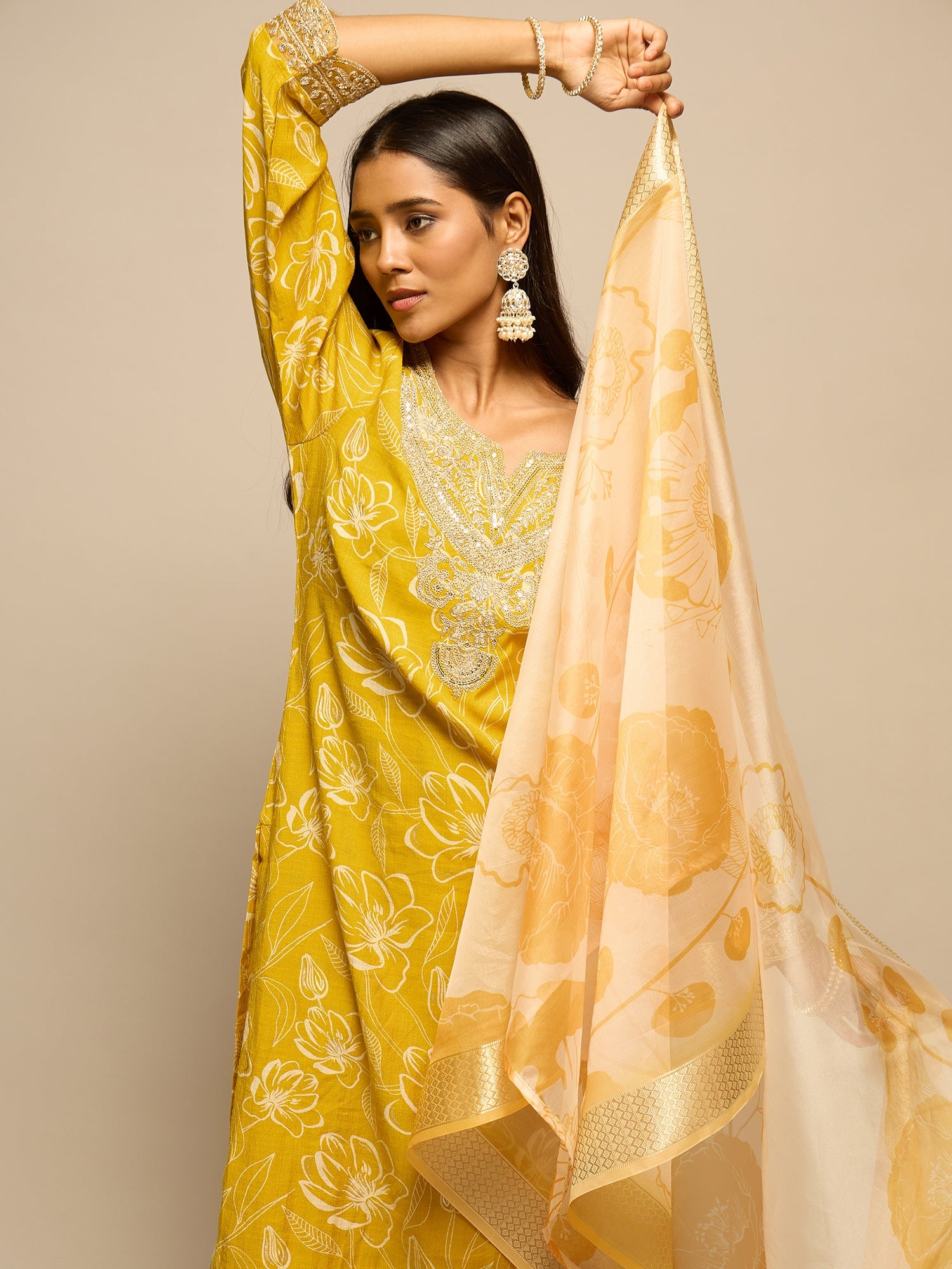 Yellow Floral Print Zari Work Kurta Set for Women - TLS-3