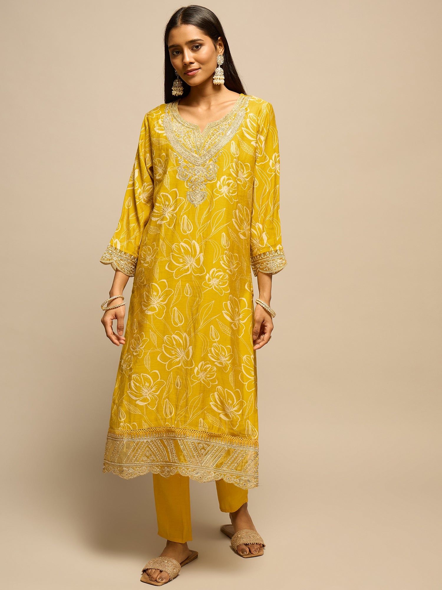 Yellow Floral Print Zari Work Kurta Set for Women - TLS-6