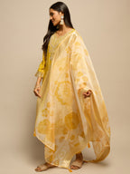 Yellow Floral Print Zari Work Kurta Set for Women - TLS-7
