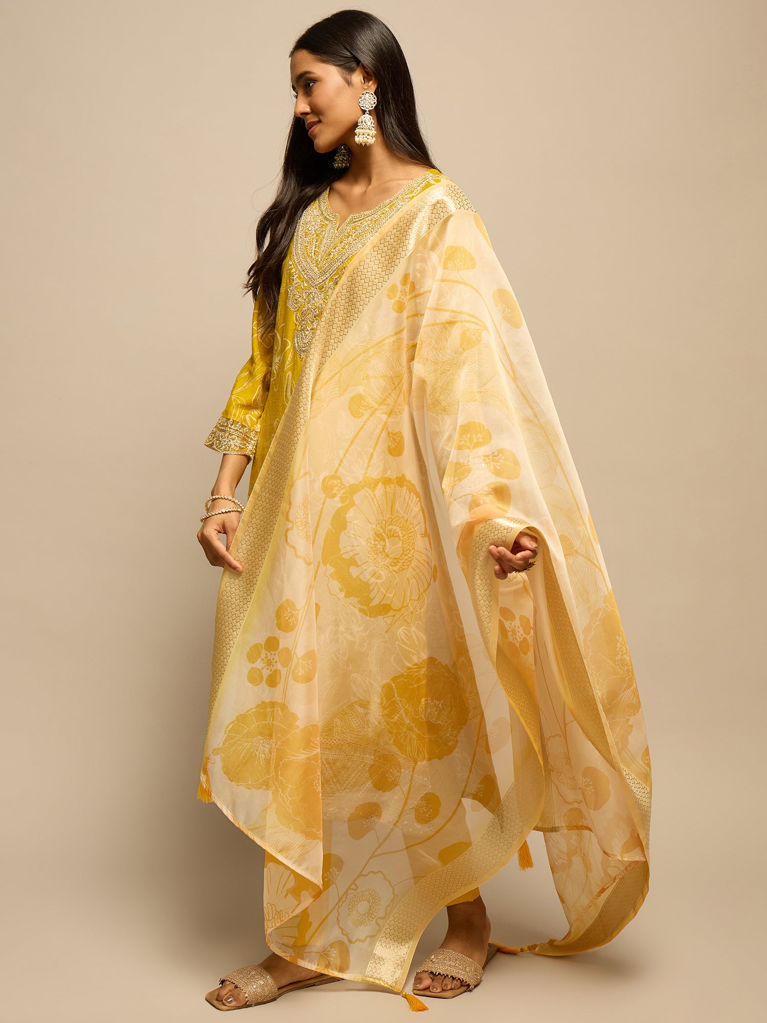 Yellow Floral Print Zari Work Kurta Set for Women - TLS-7