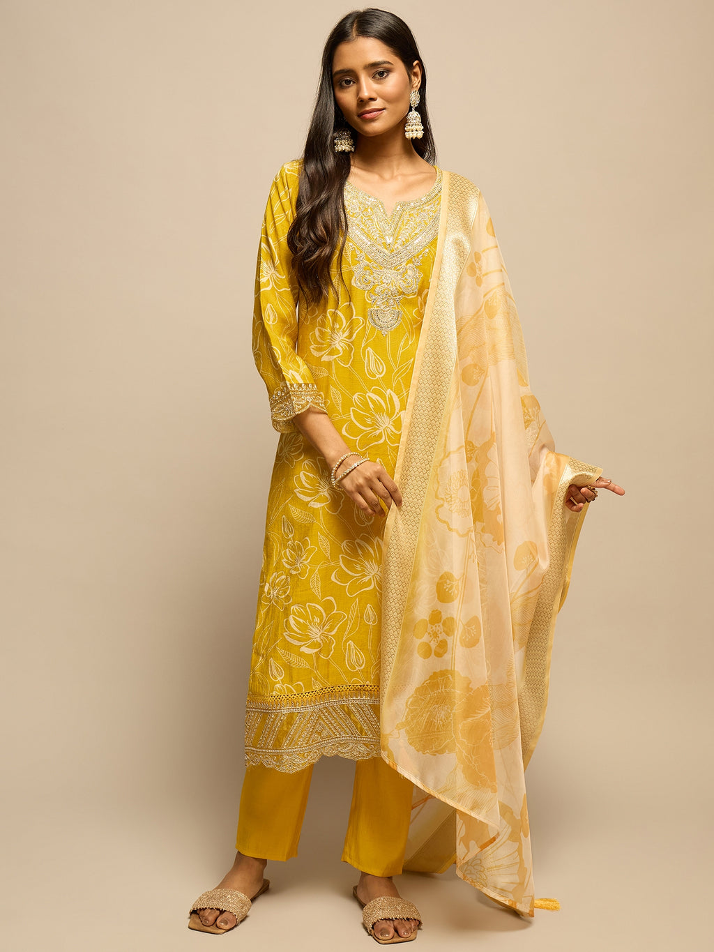Yellow Floral Print Zari Work Kurta Set for Women - TLS