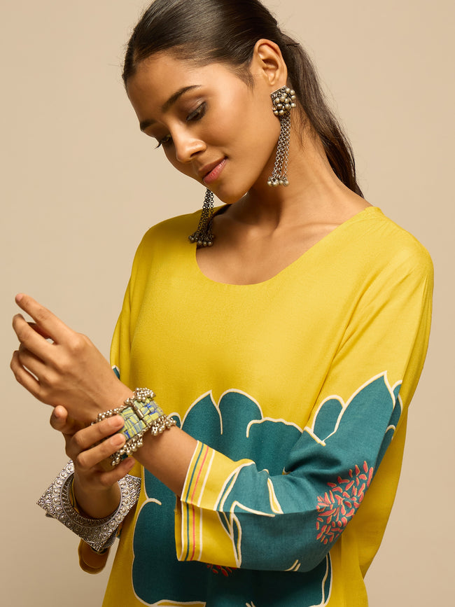 Yellow Floral Printed Kurta Set for Women - TLS Main Image