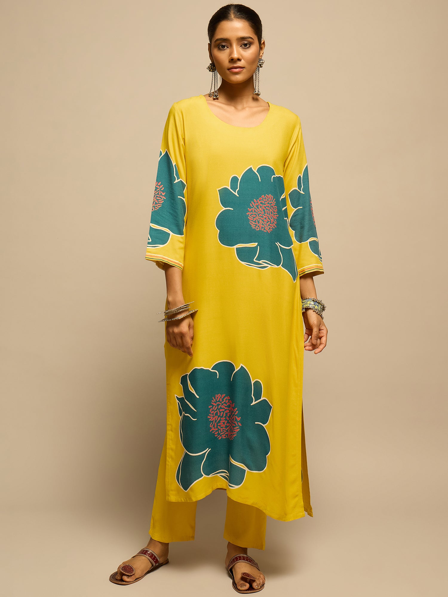 Yellow Floral Printed Kurta Set for Women - TLS