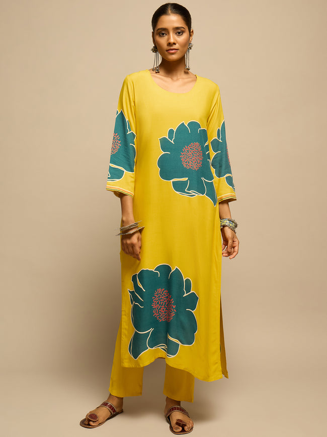 Yellow Floral Printed Kurta Set for Women - TLS Hover Image