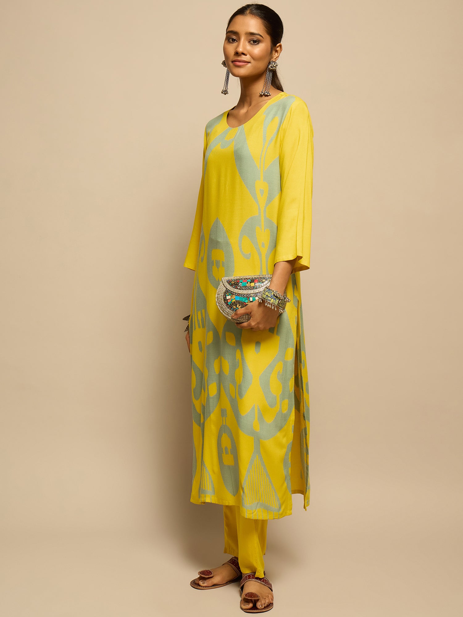 Yellow Geometric Motifs Printed Kurta Set for Women - TLS-1