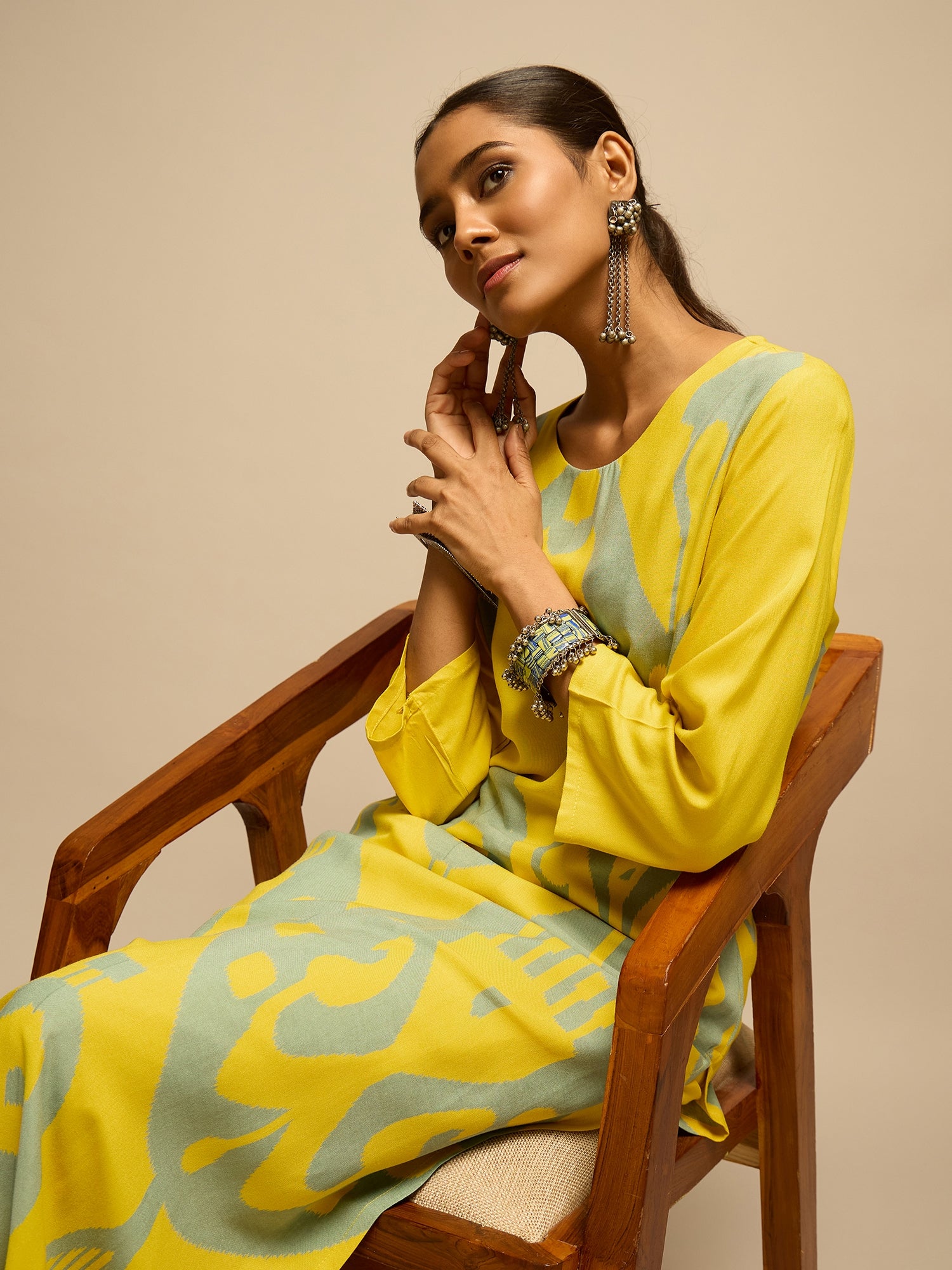 Yellow Geometric Motifs Printed Kurta Set for Women - TLS-3