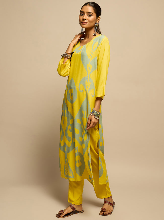 Yellow Geometric Motifs Printed Kurta Set for Women - TLS Hover Image