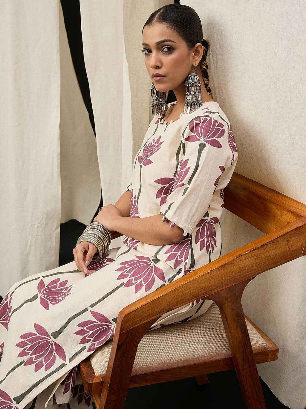 Cream Maroon Lotus Printed Kurta Set – The Layer Stories