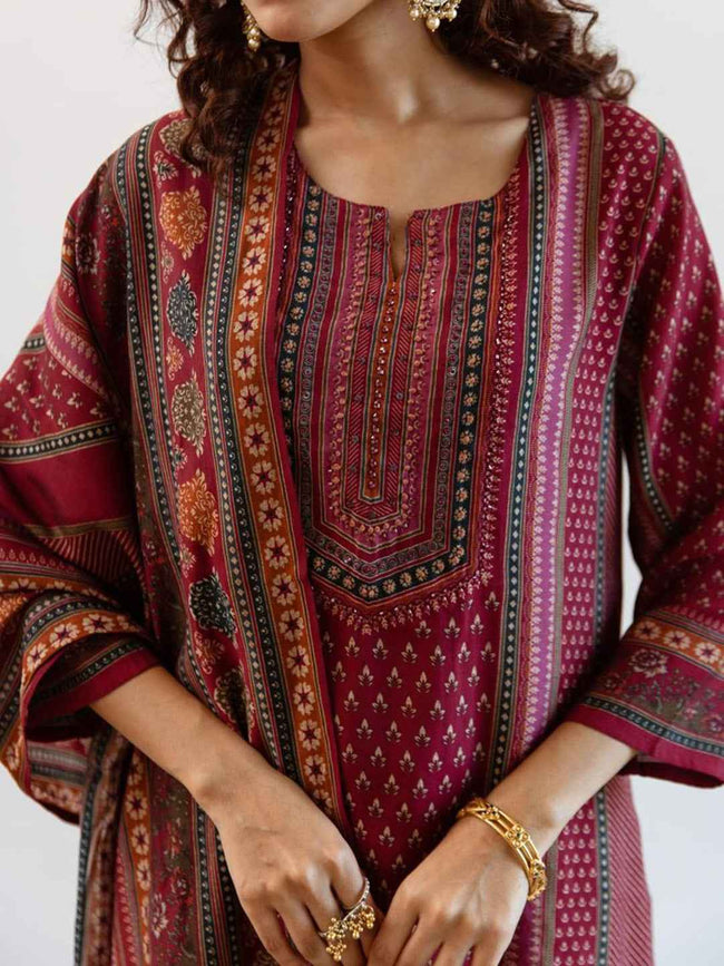 Maroon Motifs Printed Kurta Set for Women - TLS Main Image