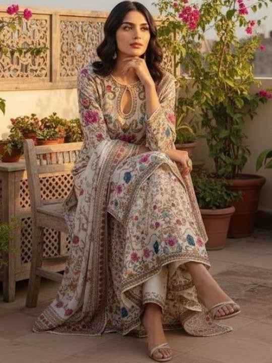 Cream White Floral Embroidery Kurta Set for Women - TLS Main Image