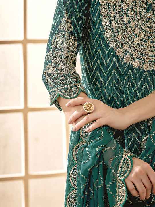 Green Sequence Embroidery Zari Work Kurta Set for Women - TLS Main Image