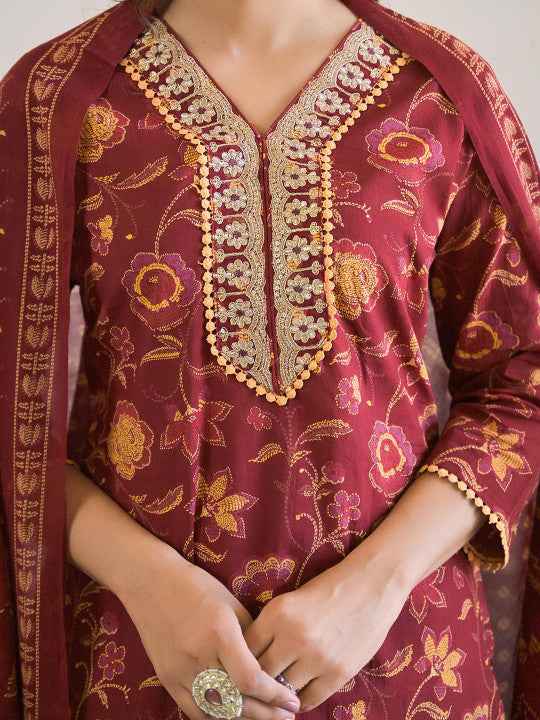 Maroon Floral Printed Kurta Set for Women - TLS Main Image