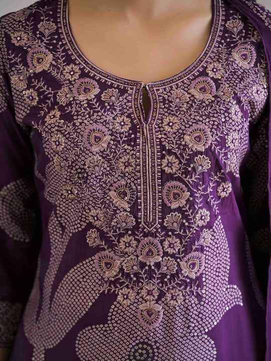 Purple Floral Thread Work Kurta Set for Women - TLS Main Image