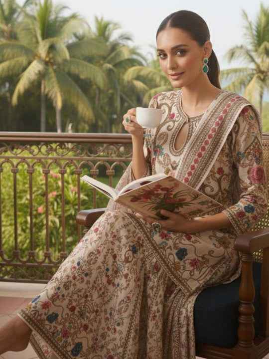 White Floral Embroidery Kurta Set for Women - TLS Main Image