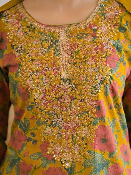 Mustard Floral Thread Work Kurta Set for Women - TLS Main Image