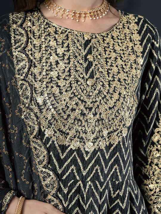 Black Sequence Embroidery Zari Work Kurta Set for Women - TLS Main Image